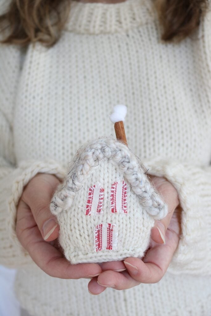 Christmas House Knit Pattern - chunky roof house with chimney, in hand